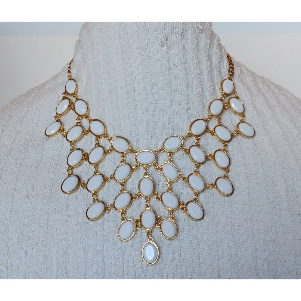 Vintage White Cabochon Bib Necklace Gold Tone Statement Necklace 16-19 in